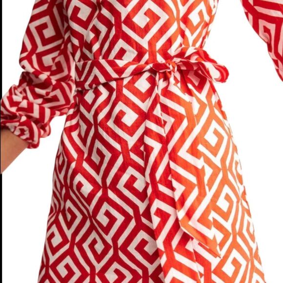 Boden Cleo Red & White Geo Linen Tie-Waist Dress – 100% Linen, Women’s Size 8R - Picture 4 of 15